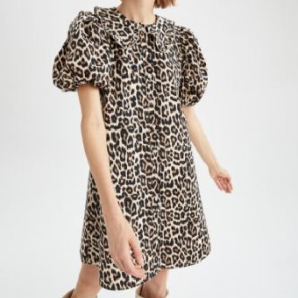 H&M Collared Leopard Print Button Up Puff Sleeve Mini Dress Size S EUC - Picture 3 of 14